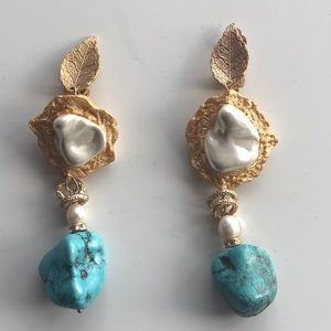 Italian handmade clip earrings gold turquoise